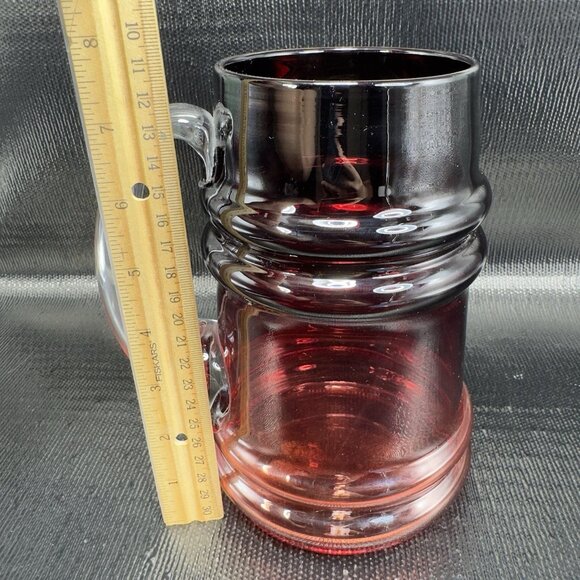 TARNOWIEC Poland Large Ruby Red Glass Beer Stein Jug With Clear Handle Vase VTG - Picture 3 of 15